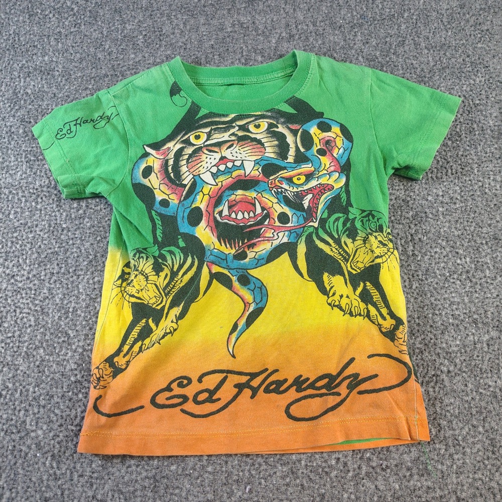 Ed Hardy Graphic Tee Kids Green Ombre Tiger Snake Tattoo Christian Audigier